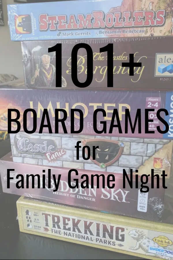 Stack of board games on a table with text overlay. Games in stack are SteamRollers, Castles of Burgundy, Imhotep, Castle Panic, Forbidden Sky, and Trekking the National Parks.