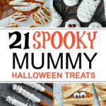 Collage of Mummy themed foods for Halloween Parties.