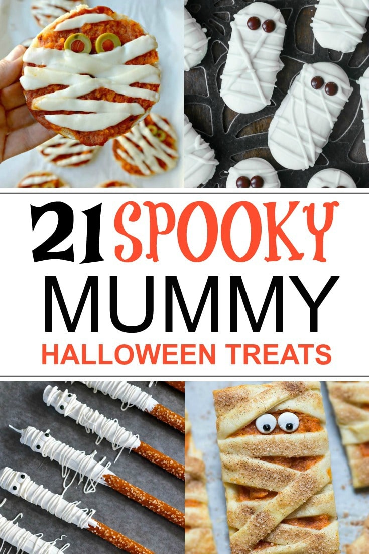 Collage of Mummy themed foods for Halloween Parties.