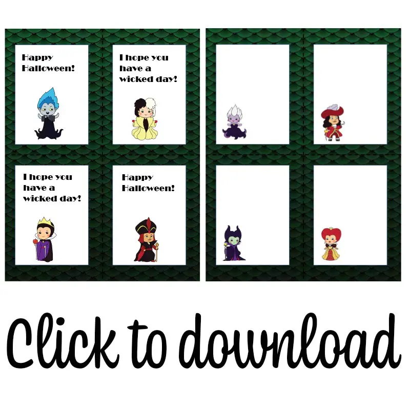 Preview of villain lunch box card printables with text stating click to download