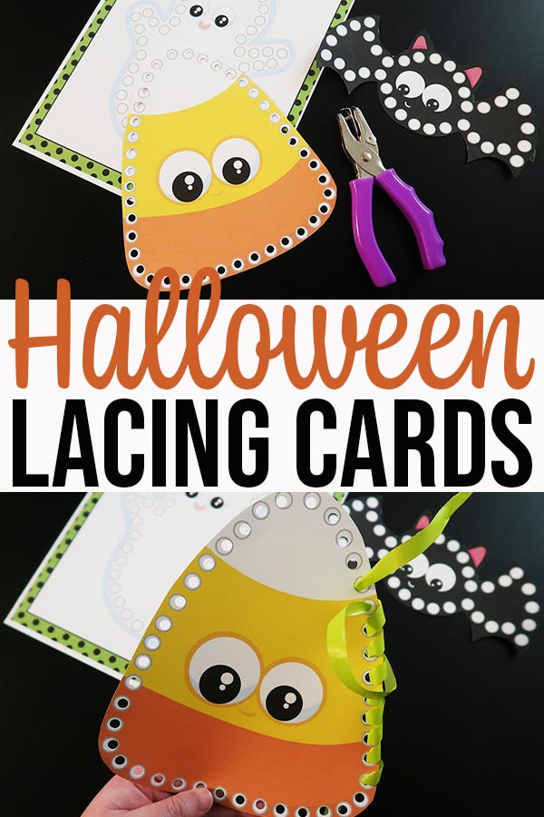 Collage of two images of candy corn lacing card being prepped and used.