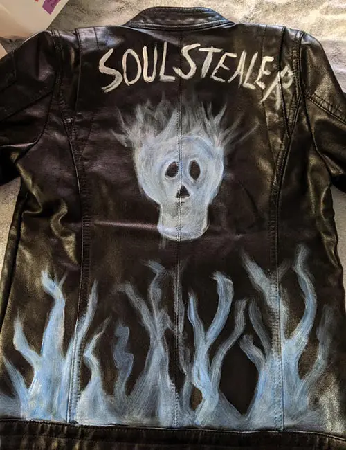 Completed fake leather jacket painted for Hades costume.