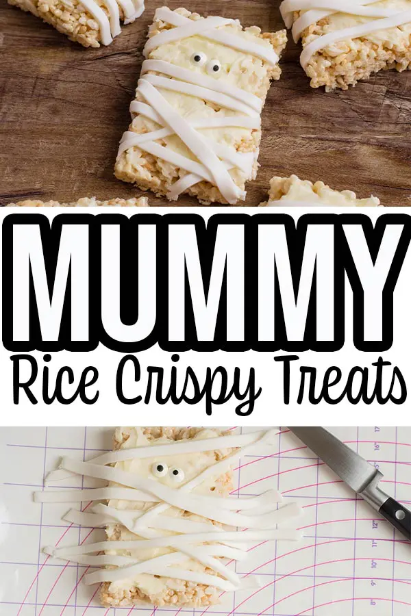 collage of completed mummy rice krispie treats and decorating with fondant