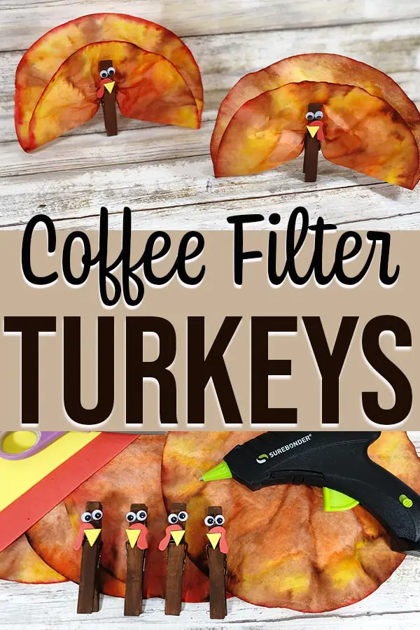 Collage of in process and completed coffee filter turkey craft photos.