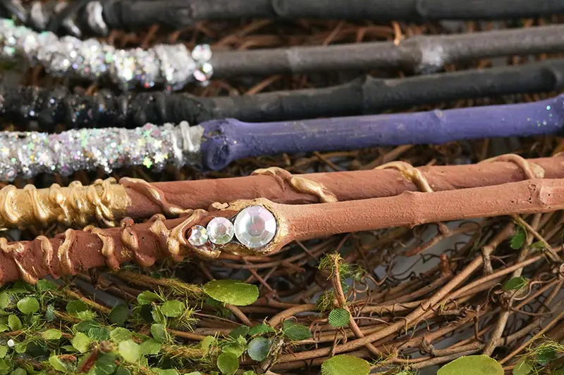 Close up of finished wand craft to show detail on the handle and added gems.