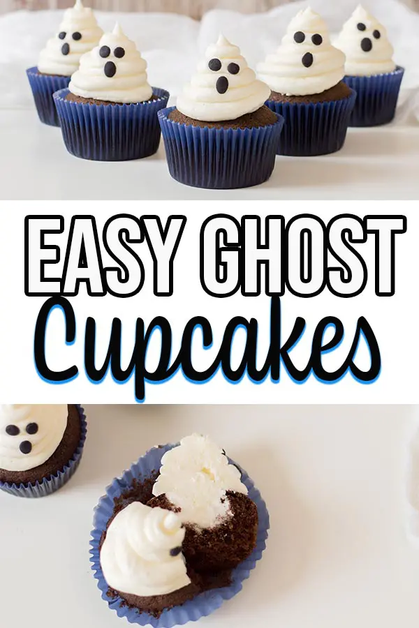 Collage of completed ghost cupcake and cupcake filling images.