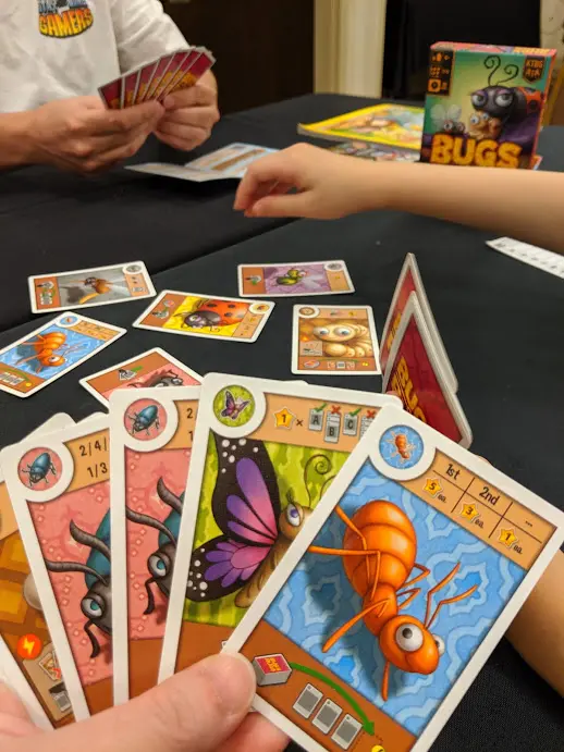 Holding Bugs on Rugs game cards in hand. Other cards on table.