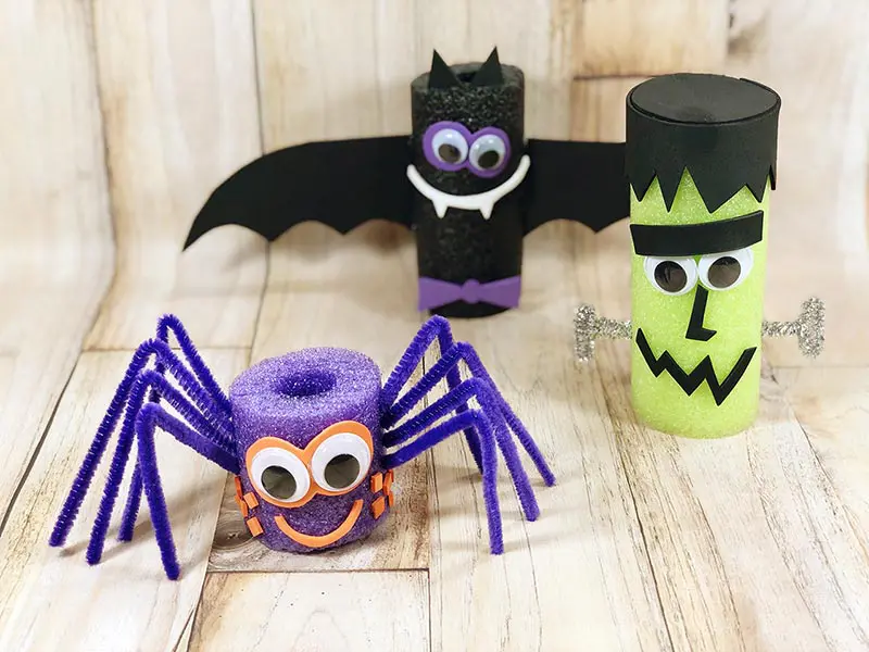 Finished spider, bat, and Frankenstein monster Halloween crafts