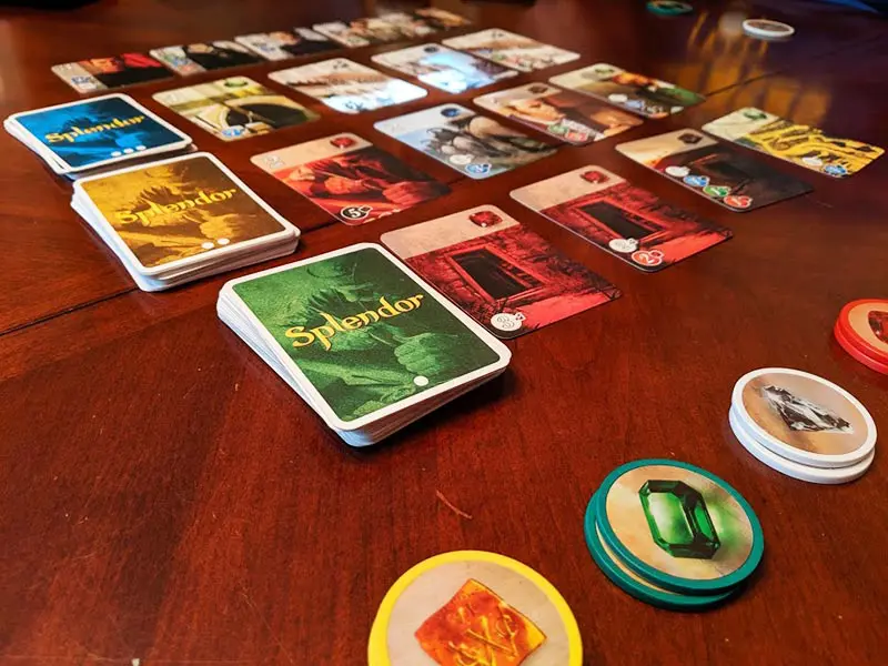 Splendor game set up on table.