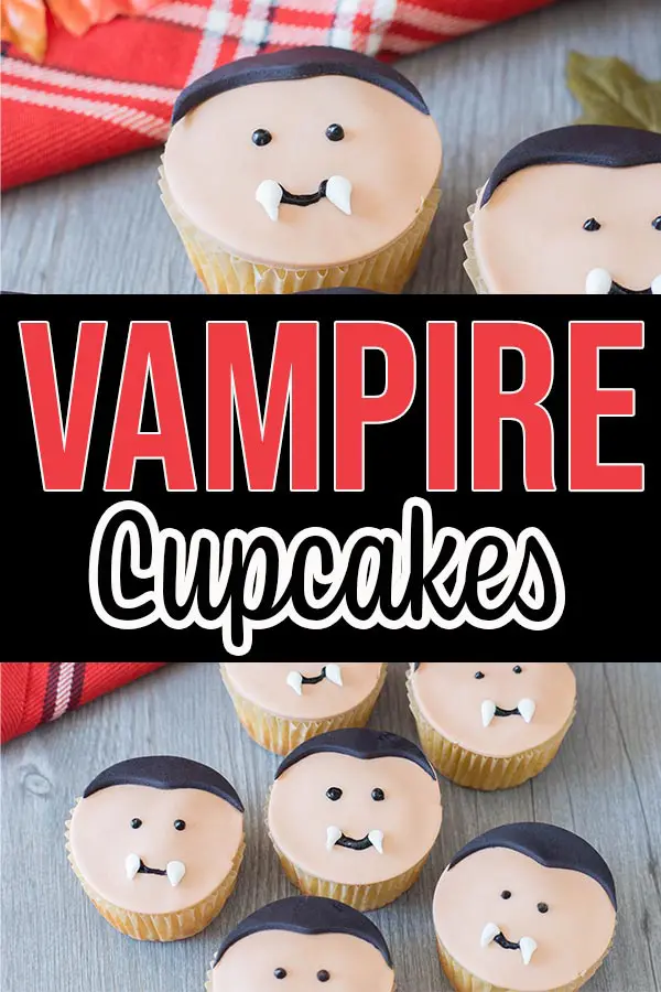 Collage of finished vampire cupcake pictures.