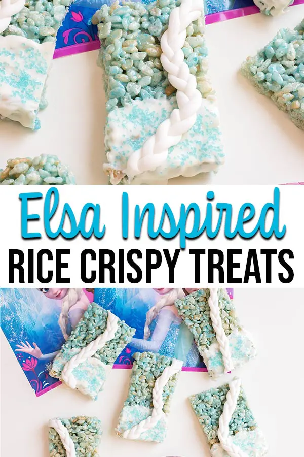 Collage image of completed Elsa inspired rice crispy treats.