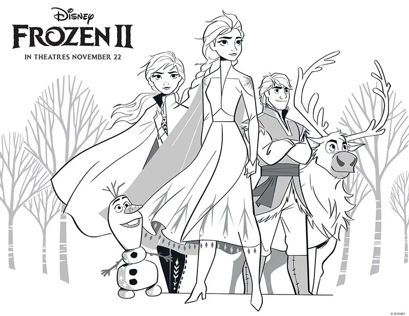 Preview of Frozen 2 coloring page with group of characters standing in front of trees