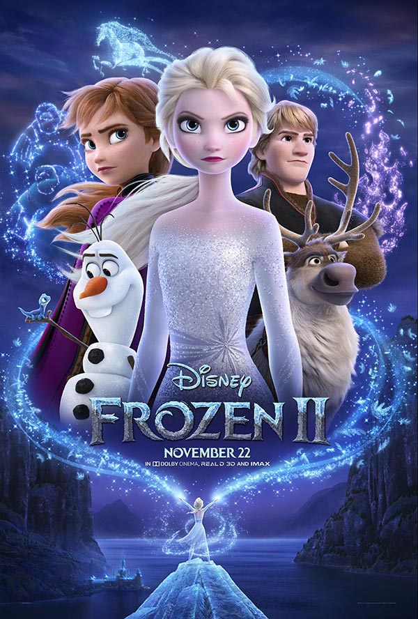 Movie poster for Frozen 2 with group of characters including Elsa, Anna, Olaf, Kristoff, and Sven.