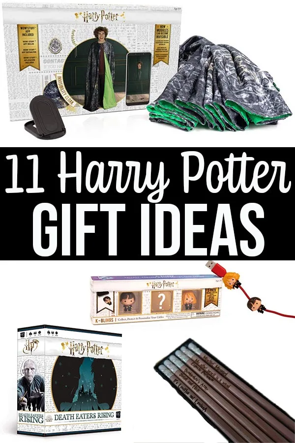 Image collage of Harry Potter items in gift guide with text overlay.