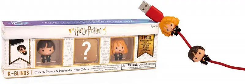 Harry Potter K-Bling product box for set of three and two k-blings on a red charging cord.