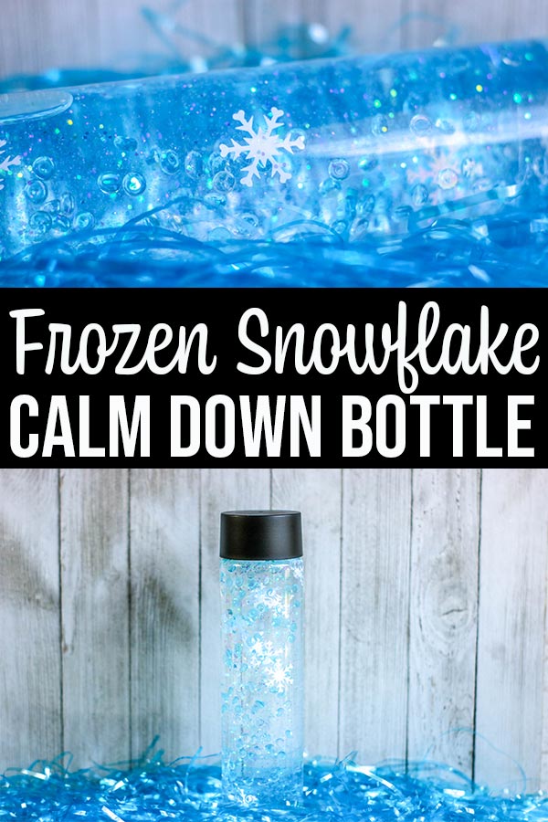 Two pictures of the completed sensory bottle in a collage with text overlay. Top image is a close up of bottle laying on its side showing snowflake confetti inside. Bottom image is shows finished bottle standing vertically.