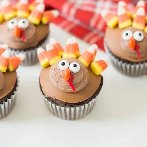 Close up of decorated turkey cupcakes.