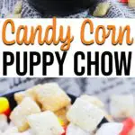 Collage of bowls of candy corn puppy chow mix