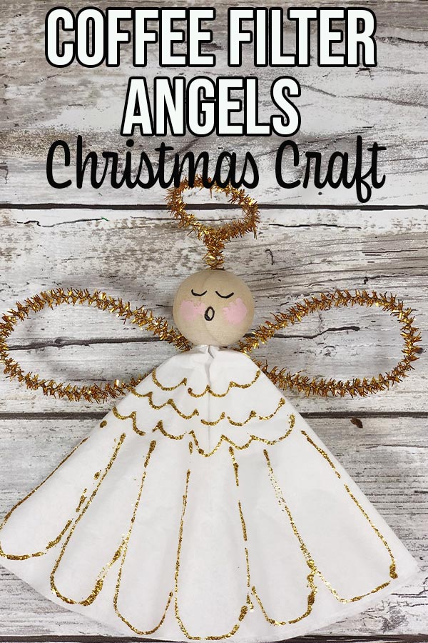 Close up of one completed coffee filter angel with painted face. Text overlay describes project.