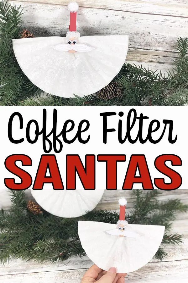 Image collage of completed coffee filter santa crafts with text overlay.