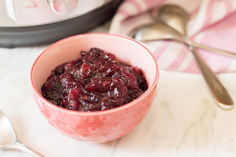 Close up shot of cranberry sauce in a small pink bowl.