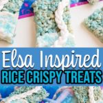 Collage of decorated rice crispy treats inspired by Elsa from Frozen.