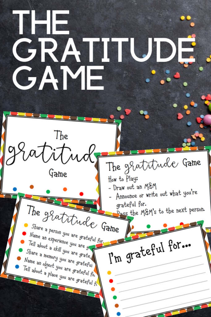 Preview images of pages from printable gratitude game PDF on a black background with assorted small candies scattered around.