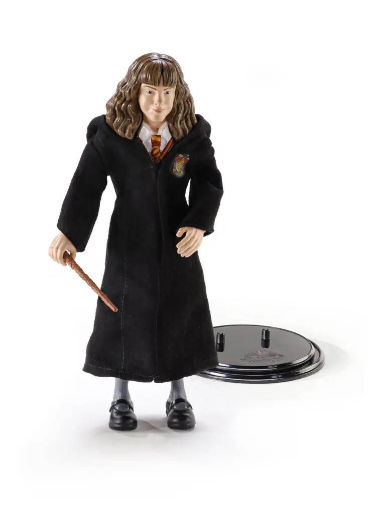 Hermoine from Harry Potter wearing her house robes and holding her wand while next to her display stand on a white background.