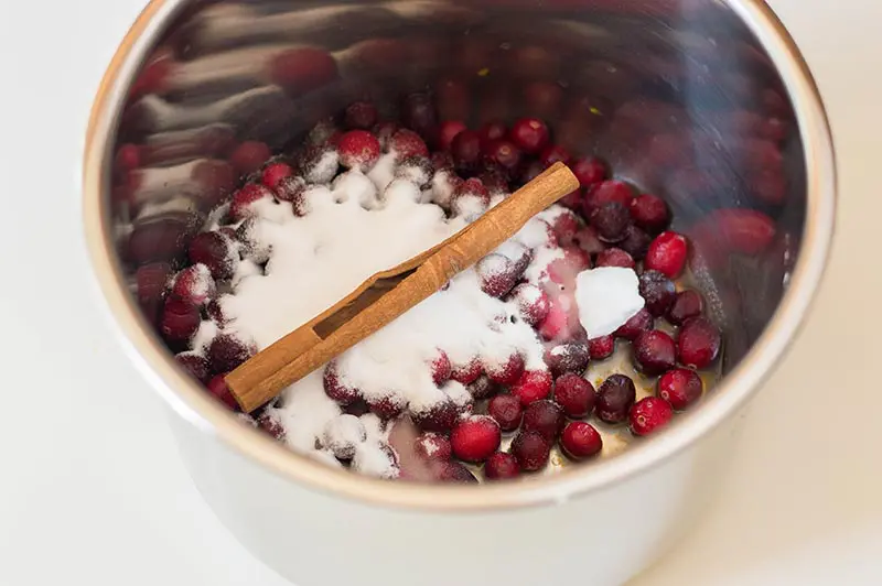 Cranberries, sugar, and cinnamon stick inside inner pot for pressure cooker.