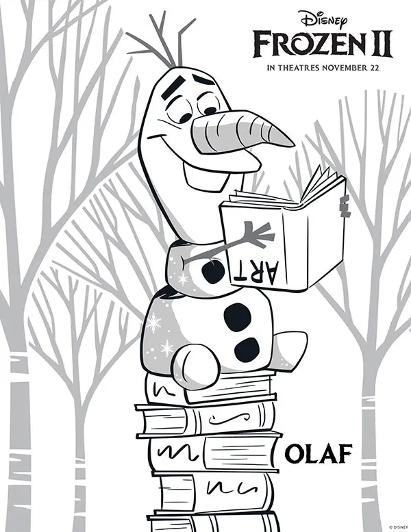 Preview of Olaf coloring page from Frozen 2. Olaf sitting on stack of books and holding ART book upside down.