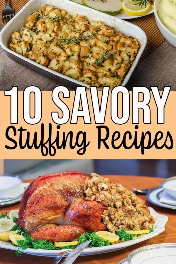 Stuffing in casserole dish and stuffing in turkey.