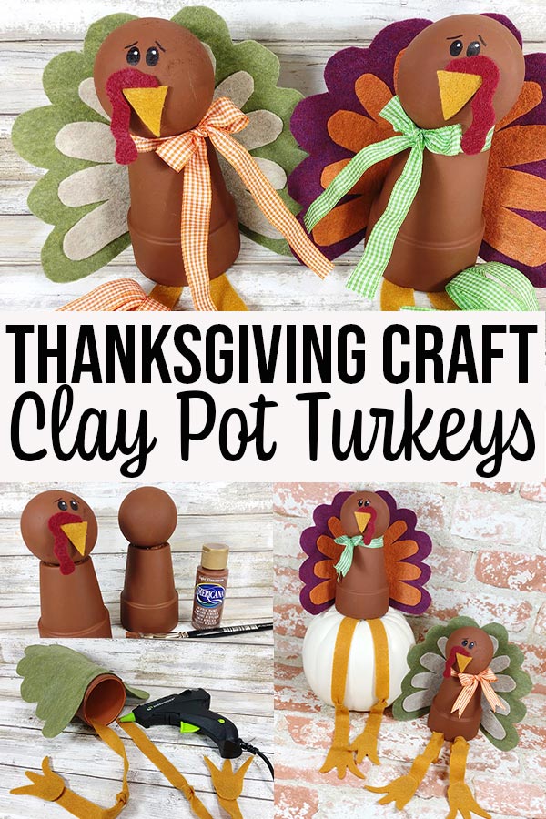 Collage of images of completed clay pot turkeys and in process steps with text overlay.