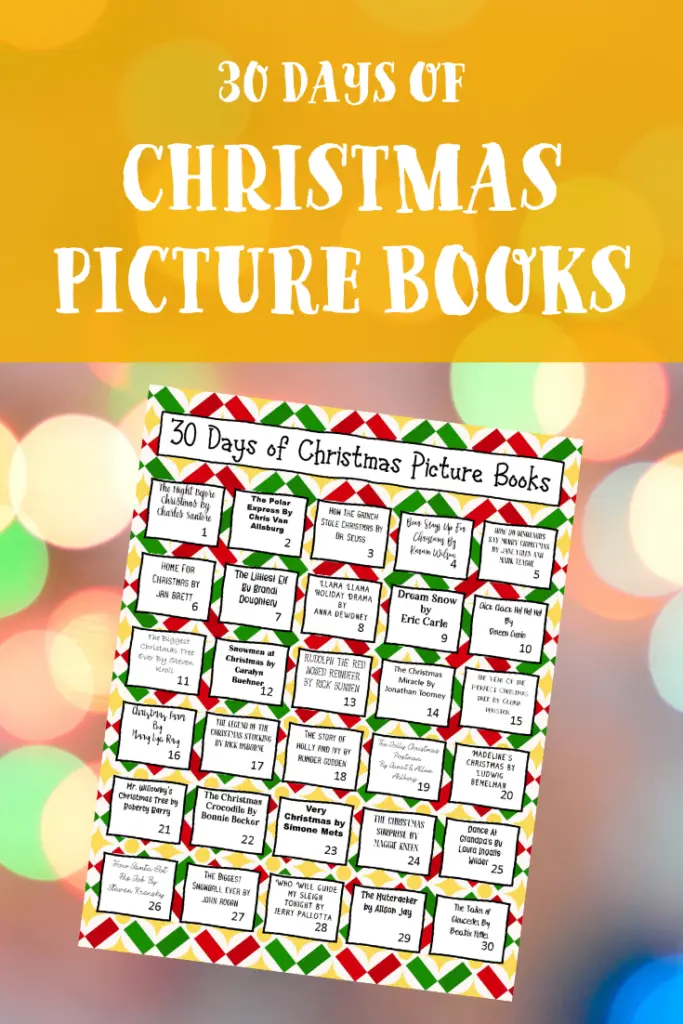 Image of Christmas book calendar printable with blurred Christmas lights background.