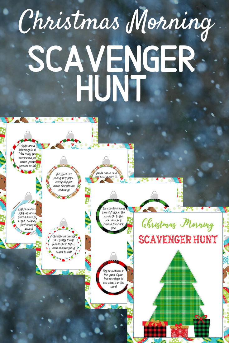 Pages of Christmas scavenger hunt on a snowy background with text overlay.