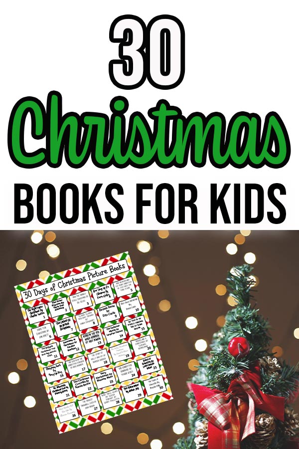 Text overlay on top half of image and bottom half shows preview of printable book calendar next to a Christmas tree.