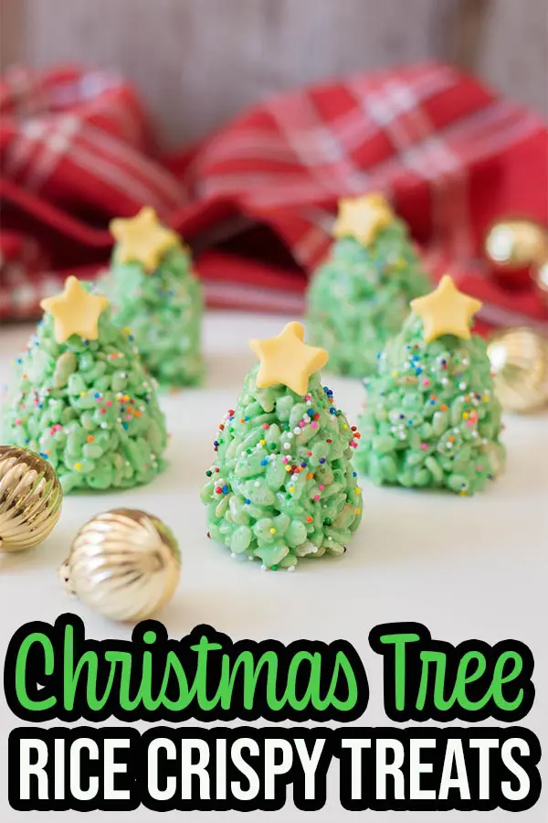 Completed rice crispy Christmas trees with text overlay.