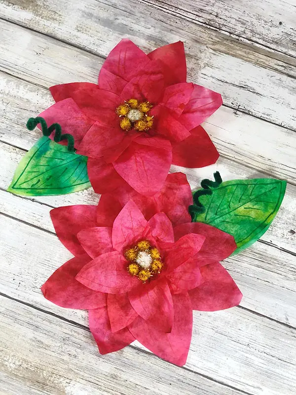 Two completed coffee filter poinsettia flowers laying on a white wood background.