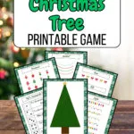 Top part has black and green text in a white box that says Decorate a Christmas Tree Printable Game above previews of pages for the game. It's all on a background of a Christmas tree.