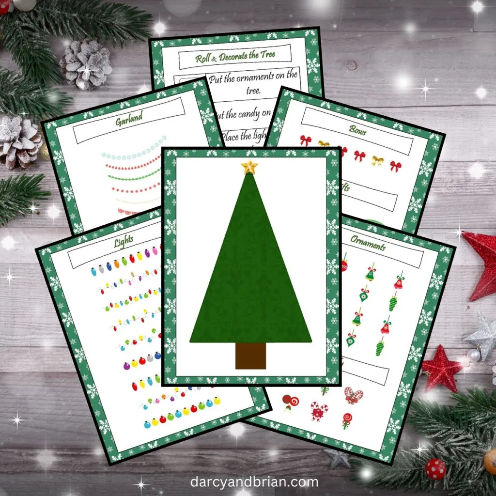 Preview of all six pages from the roll and decorate a Christmas tree printable dice game on a Christmas themed background.