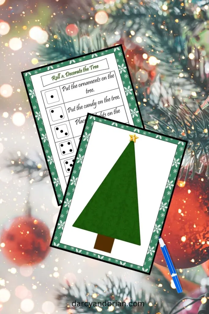 Mockup of plain Christmas tree game mat and dice key for the game.