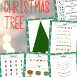 Preview images of printable pages for Christmas tree game for kids.