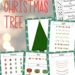 Preview images of printable pages for Christmas tree game for kids.