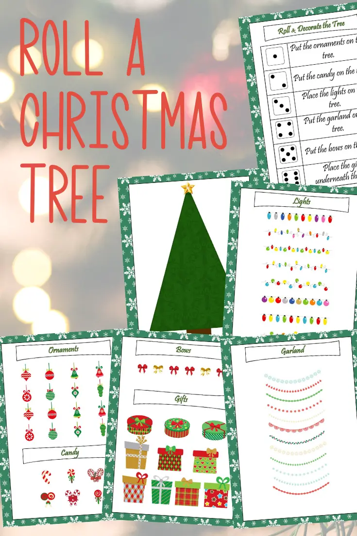 Preview images of printable pages for Christmas tree game for kids.