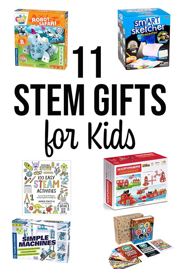 Collage of different STEM kits and toys.