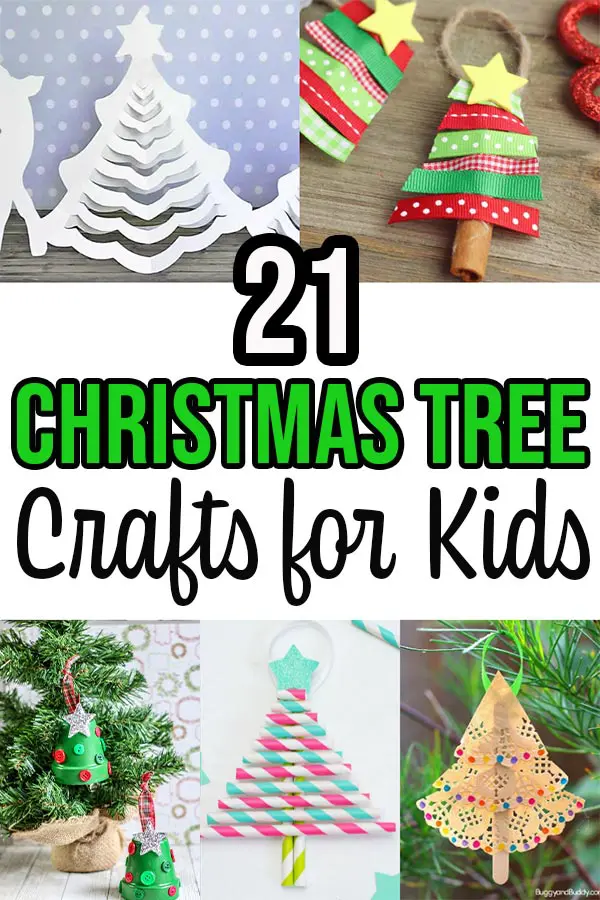 Collage of different Christmas tree crafts with text overlay.