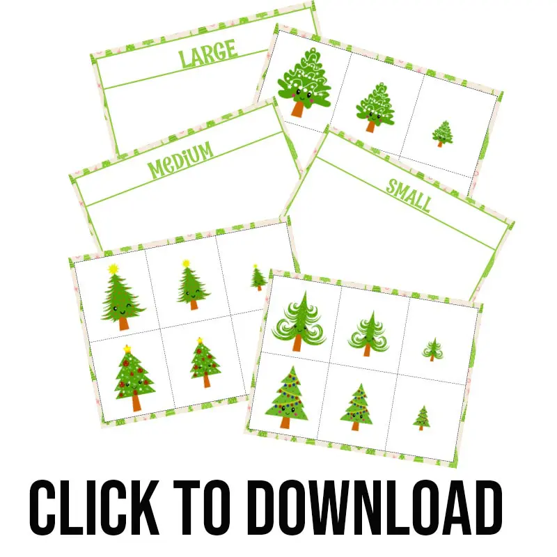 Printable Christmas tree activity pages on white background with text overlay that says click to download.