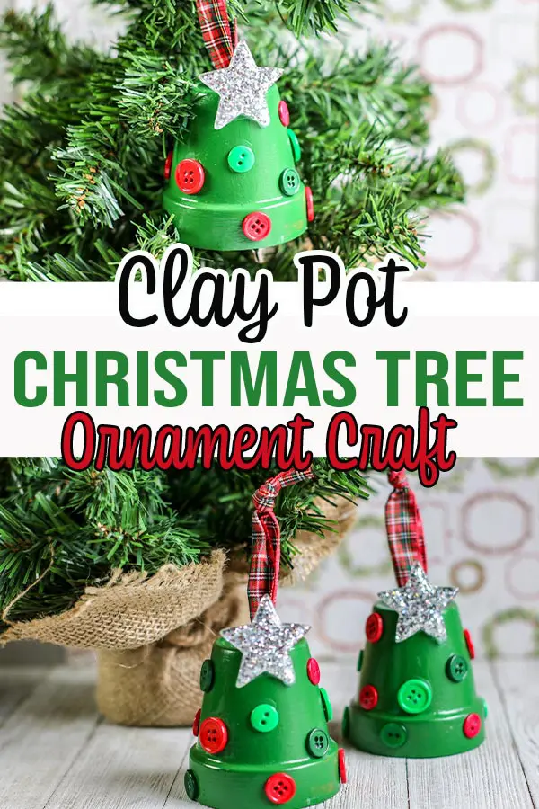 Collage of two images showing finished clay pot ornaments that look like little Christmas trees.