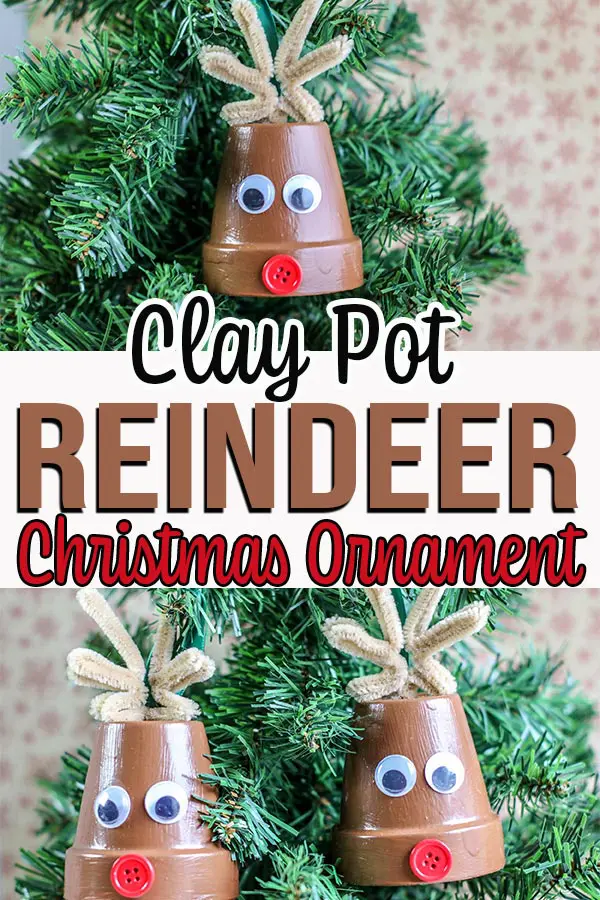 Collage of two images showing completed reindeer flower pot ornament crafts.