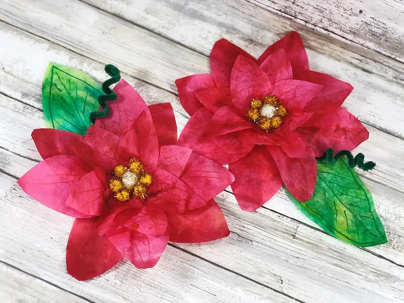 Two finished coffee filter poinsettia flowers sitting side by side on a white wood background.