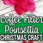 Image collage of finished coffee filter poinsettias with green rectangle in the middle with a text overlay stating name of project.